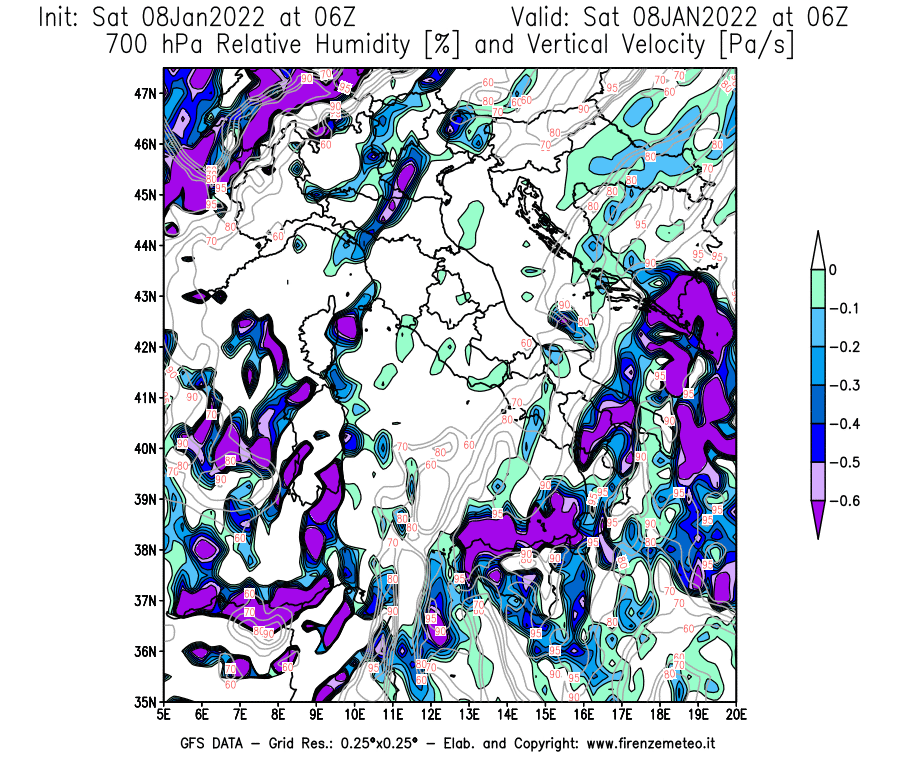 Mappa di analisi GFS - Umidità relativa [%] e Omega [Pa/s] a 700 hPa in Italia
							del 08/01/2022 06 <!--googleoff: index-->UTC<!--googleon: index-->