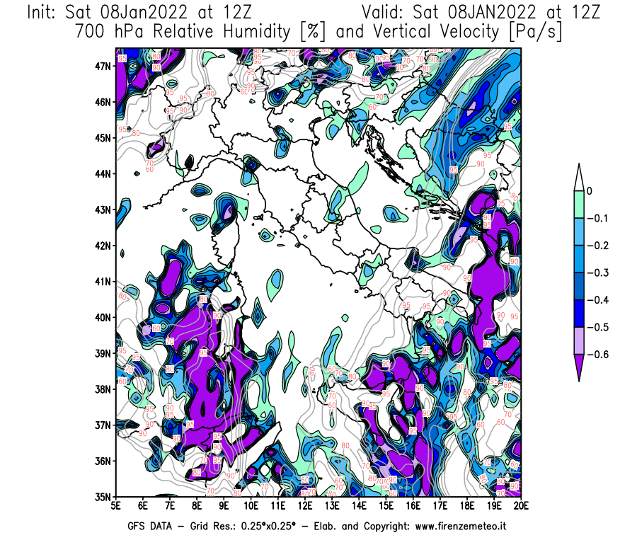 Mappa di analisi GFS - Umidità relativa [%] e Omega [Pa/s] a 700 hPa in Italia
							del 08/01/2022 12 <!--googleoff: index-->UTC<!--googleon: index-->