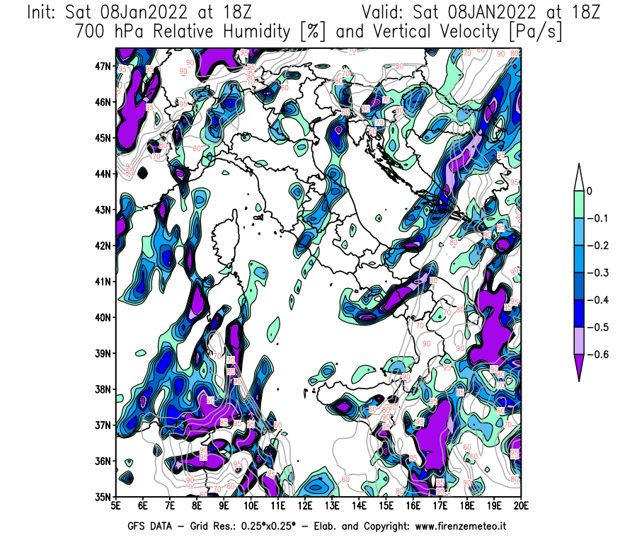 Mappa di analisi GFS - Umidità relativa [%] e Omega [Pa/s] a 700 hPa in Italia
							del 08/01/2022 18 <!--googleoff: index-->UTC<!--googleon: index-->