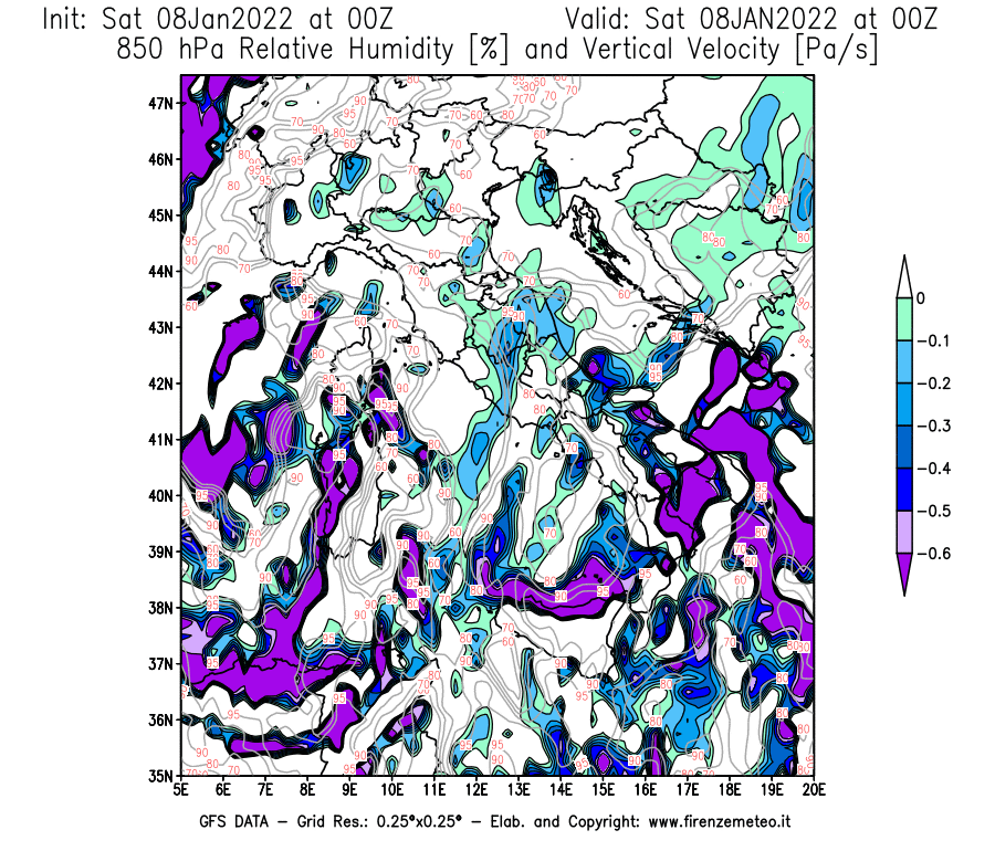 Mappa di analisi GFS - Umidità relativa [%] e Omega [Pa/s] a 850 hPa in Italia
							del 08/01/2022 00 <!--googleoff: index-->UTC<!--googleon: index-->