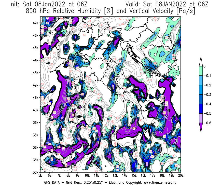 Mappa di analisi GFS - Umidità relativa [%] e Omega [Pa/s] a 850 hPa in Italia
							del 08/01/2022 06 <!--googleoff: index-->UTC<!--googleon: index-->