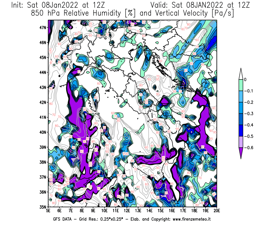 Mappa di analisi GFS - Umidità relativa [%] e Omega [Pa/s] a 850 hPa in Italia
							del 08/01/2022 12 <!--googleoff: index-->UTC<!--googleon: index-->
