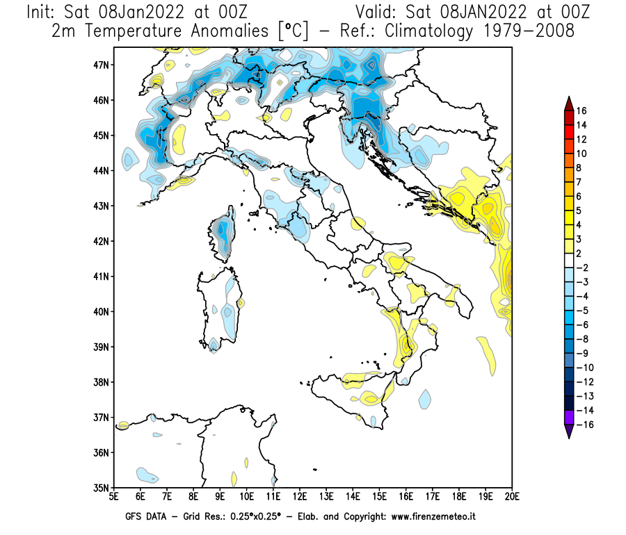 Mappa di analisi GFS - Anomalia Temperatura [°C] a 2 m in Italia
							del 08/01/2022 00 <!--googleoff: index-->UTC<!--googleon: index-->