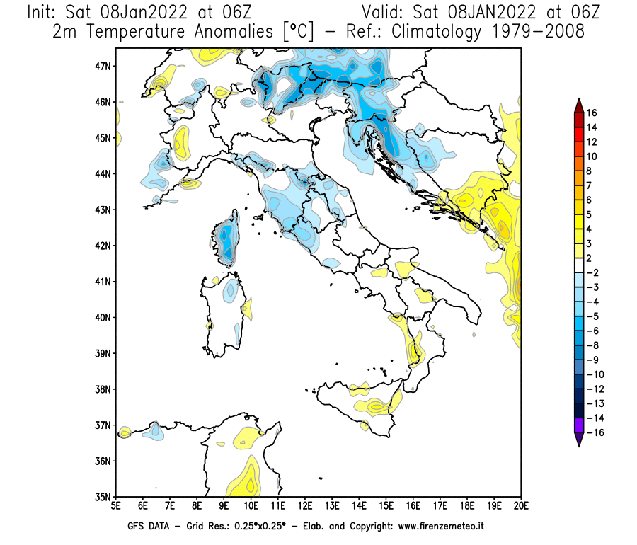Mappa di analisi GFS - Anomalia Temperatura [°C] a 2 m in Italia
							del 08/01/2022 06 <!--googleoff: index-->UTC<!--googleon: index-->