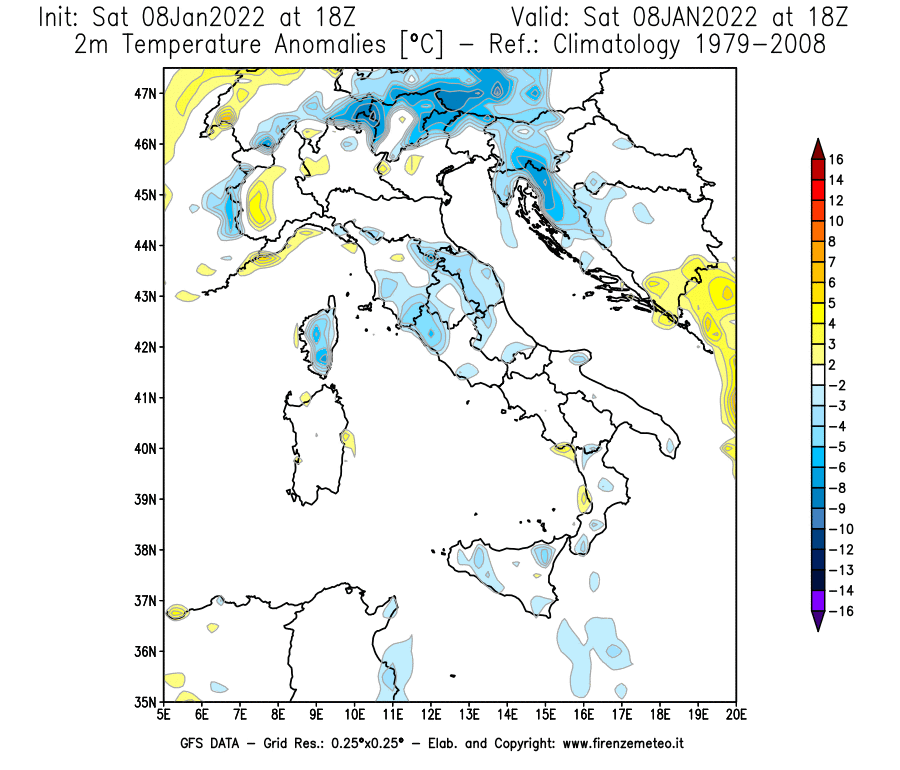 Mappa di analisi GFS - Anomalia Temperatura [°C] a 2 m in Italia
							del 08/01/2022 18 <!--googleoff: index-->UTC<!--googleon: index-->