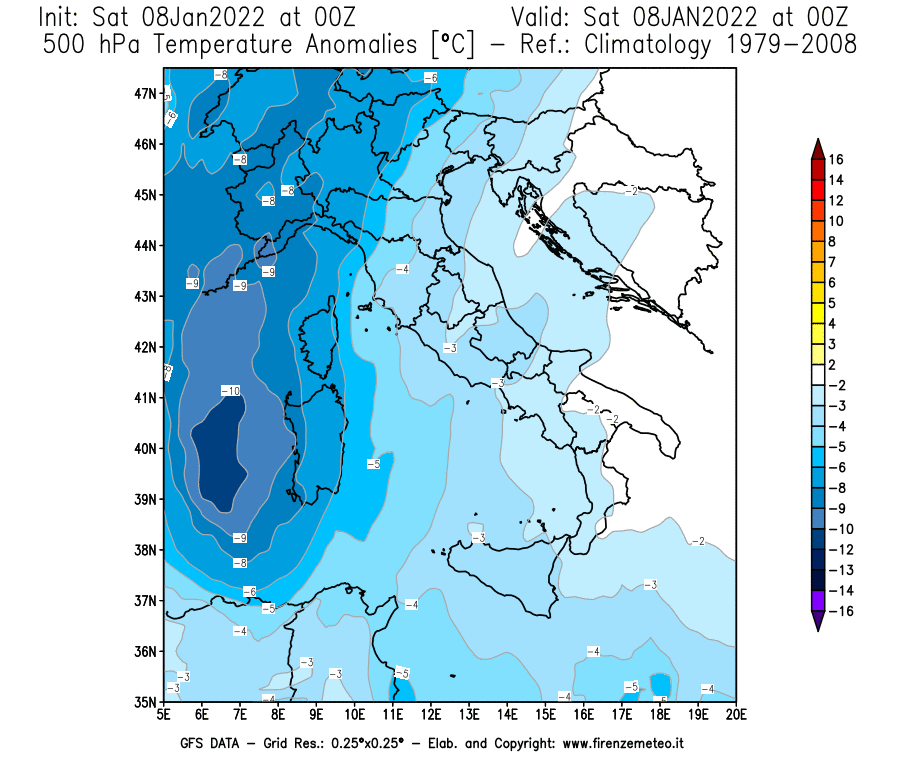 Mappa di analisi GFS - Anomalia Temperatura [°C] a 500 hPa in Italia
							del 08/01/2022 00 <!--googleoff: index-->UTC<!--googleon: index-->