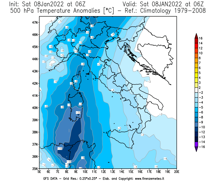 Mappa di analisi GFS - Anomalia Temperatura [°C] a 500 hPa in Italia
							del 08/01/2022 06 <!--googleoff: index-->UTC<!--googleon: index-->