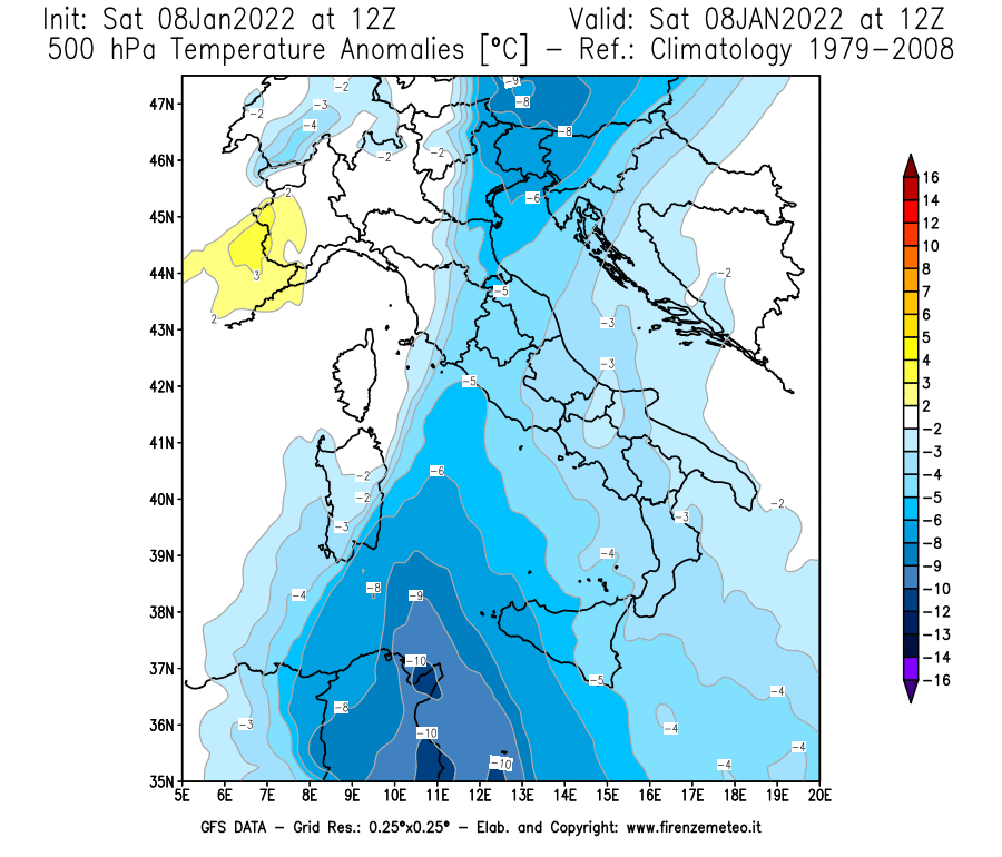 Mappa di analisi GFS - Anomalia Temperatura [°C] a 500 hPa in Italia
							del 08/01/2022 12 <!--googleoff: index-->UTC<!--googleon: index-->