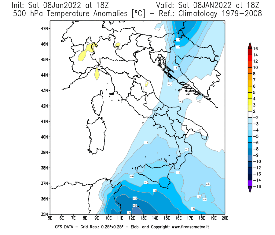 Mappa di analisi GFS - Anomalia Temperatura [°C] a 500 hPa in Italia
							del 08/01/2022 18 <!--googleoff: index-->UTC<!--googleon: index-->