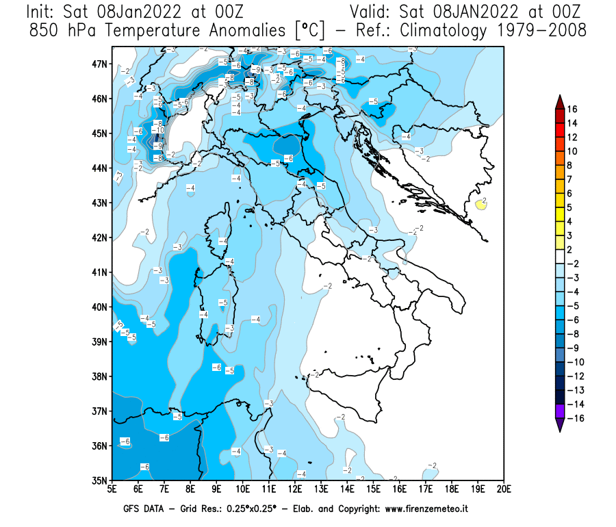 Mappa di analisi GFS - Anomalia Temperatura [°C] a 850 hPa in Italia
							del 08/01/2022 00 <!--googleoff: index-->UTC<!--googleon: index-->