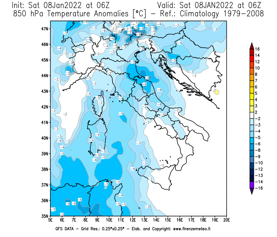 Mappa di analisi GFS - Anomalia Temperatura [°C] a 850 hPa in Italia
							del 08/01/2022 06 <!--googleoff: index-->UTC<!--googleon: index-->