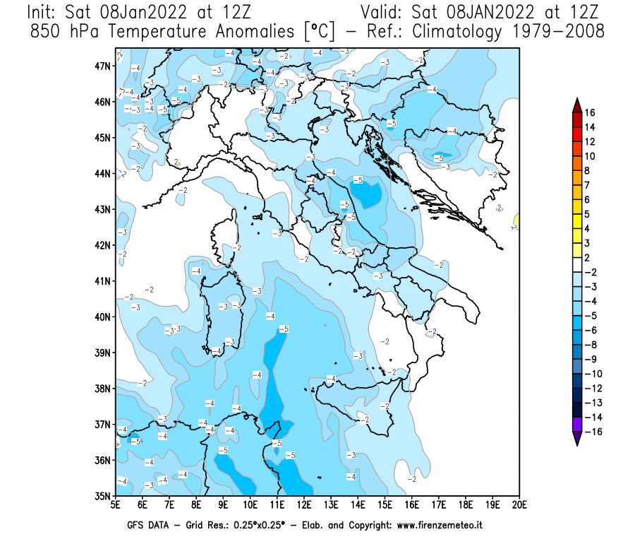 Mappa di analisi GFS - Anomalia Temperatura [°C] a 850 hPa in Italia
							del 08/01/2022 12 <!--googleoff: index-->UTC<!--googleon: index-->