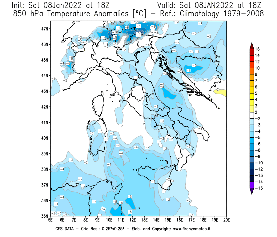 Mappa di analisi GFS - Anomalia Temperatura [°C] a 850 hPa in Italia
							del 08/01/2022 18 <!--googleoff: index-->UTC<!--googleon: index-->