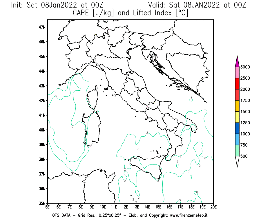 Mappa di analisi GFS - CAPE [J/kg] e Lifted Index [°C] in Italia
							del 08/01/2022 00 <!--googleoff: index-->UTC<!--googleon: index-->