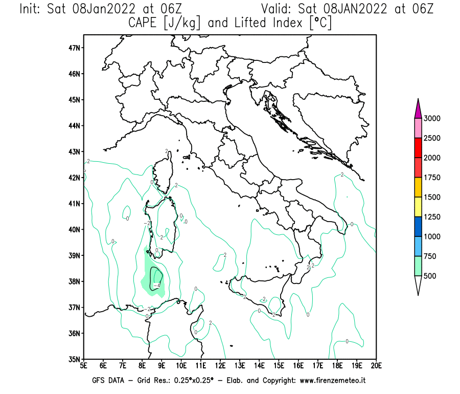 Mappa di analisi GFS - CAPE [J/kg] e Lifted Index [°C] in Italia
							del 08/01/2022 06 <!--googleoff: index-->UTC<!--googleon: index-->