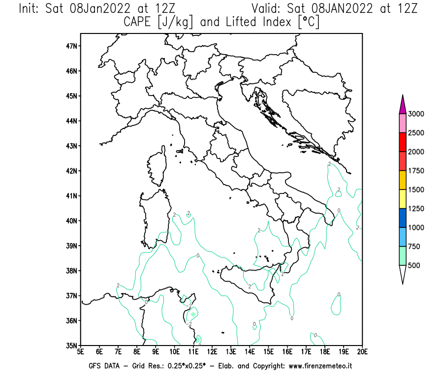 Mappa di analisi GFS - CAPE [J/kg] e Lifted Index [°C] in Italia
							del 08/01/2022 12 <!--googleoff: index-->UTC<!--googleon: index-->