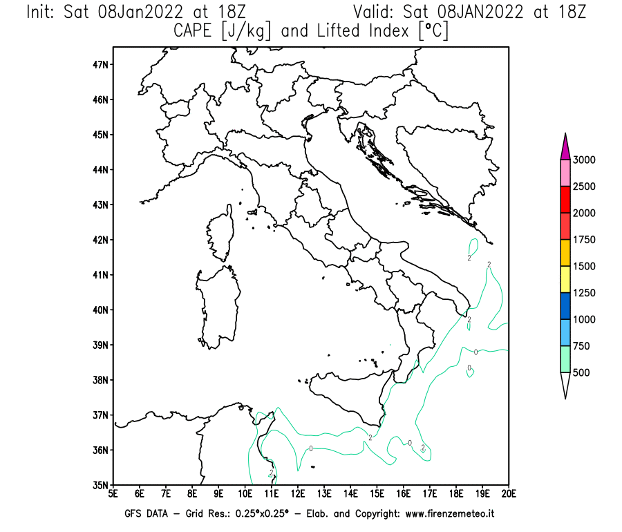 Mappa di analisi GFS - CAPE [J/kg] e Lifted Index [°C] in Italia
							del 08/01/2022 18 <!--googleoff: index-->UTC<!--googleon: index-->