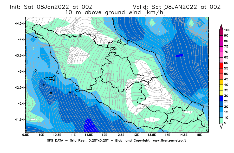Mappa di analisi GFS - Velocità del vento a 10 metri dal suolo [km/h] in Centro-Italia
							del 08/01/2022 00 <!--googleoff: index-->UTC<!--googleon: index-->