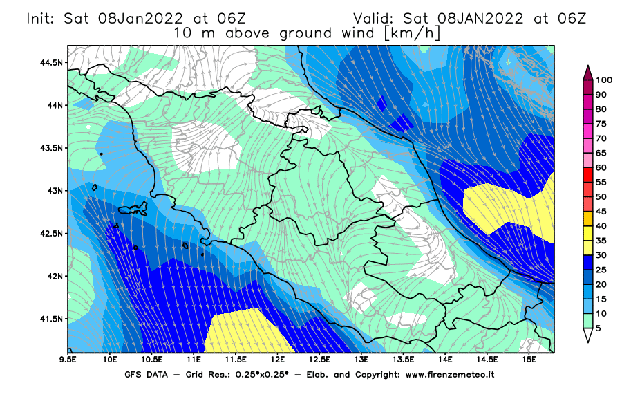 Mappa di analisi GFS - Velocità del vento a 10 metri dal suolo [km/h] in Centro-Italia
							del 08/01/2022 06 <!--googleoff: index-->UTC<!--googleon: index-->