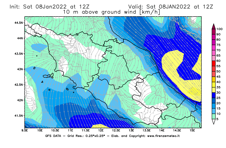 Mappa di analisi GFS - Velocità del vento a 10 metri dal suolo [km/h] in Centro-Italia
							del 08/01/2022 12 <!--googleoff: index-->UTC<!--googleon: index-->