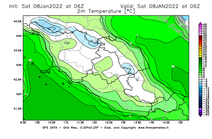 Mappa di analisi GFS - Temperatura a 2 metri dal suolo [°C] in Centro-Italia
							del 08/01/2022 06 <!--googleoff: index-->UTC<!--googleon: index-->