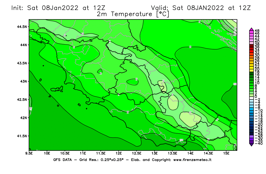 Mappa di analisi GFS - Temperatura a 2 metri dal suolo [°C] in Centro-Italia
							del 08/01/2022 12 <!--googleoff: index-->UTC<!--googleon: index-->