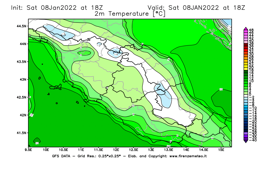 Mappa di analisi GFS - Temperatura a 2 metri dal suolo [°C] in Centro-Italia
							del 08/01/2022 18 <!--googleoff: index-->UTC<!--googleon: index-->
