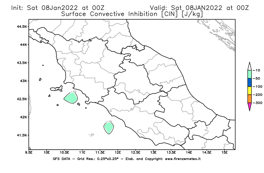 Mappa di analisi GFS - CIN [J/kg] in Centro-Italia
							del 08/01/2022 00 <!--googleoff: index-->UTC<!--googleon: index-->