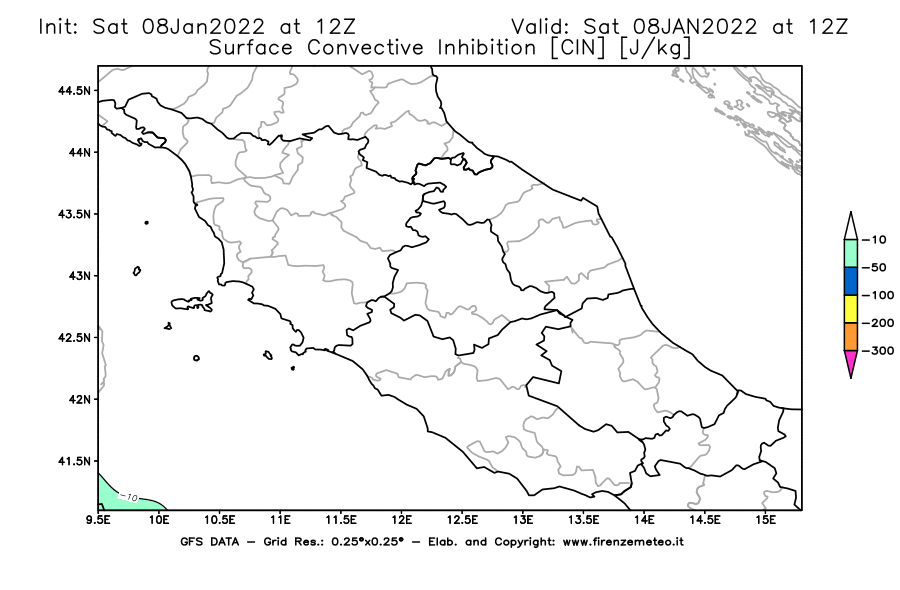 Mappa di analisi GFS - CIN [J/kg] in Centro-Italia
							del 08/01/2022 12 <!--googleoff: index-->UTC<!--googleon: index-->