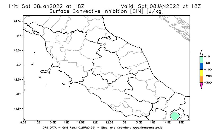 Mappa di analisi GFS - CIN [J/kg] in Centro-Italia
							del 08/01/2022 18 <!--googleoff: index-->UTC<!--googleon: index-->