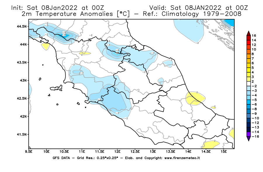 Mappa di analisi GFS - Anomalia Temperatura [°C] a 2 m in Centro-Italia
							del 08/01/2022 00 <!--googleoff: index-->UTC<!--googleon: index-->