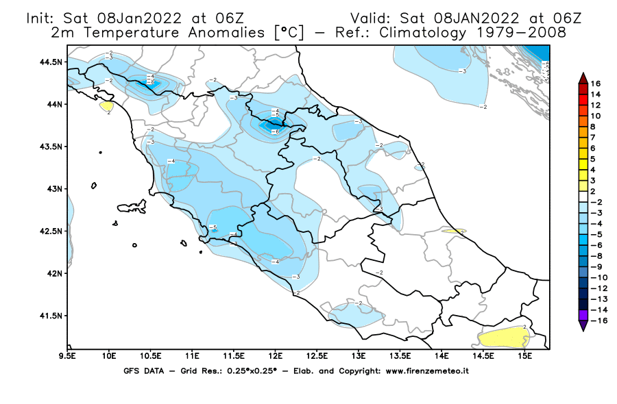 Mappa di analisi GFS - Anomalia Temperatura [°C] a 2 m in Centro-Italia
							del 08/01/2022 06 <!--googleoff: index-->UTC<!--googleon: index-->