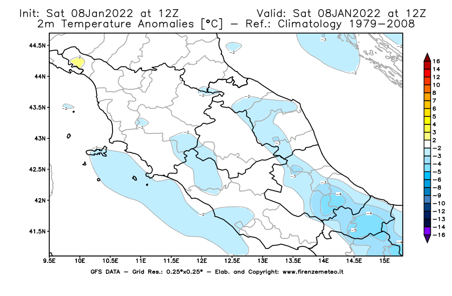 Mappa di analisi GFS - Anomalia Temperatura [°C] a 2 m in Centro-Italia
							del 08/01/2022 12 <!--googleoff: index-->UTC<!--googleon: index-->
