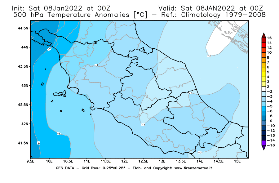 Mappa di analisi GFS - Anomalia Temperatura [°C] a 500 hPa in Centro-Italia
							del 08/01/2022 00 <!--googleoff: index-->UTC<!--googleon: index-->