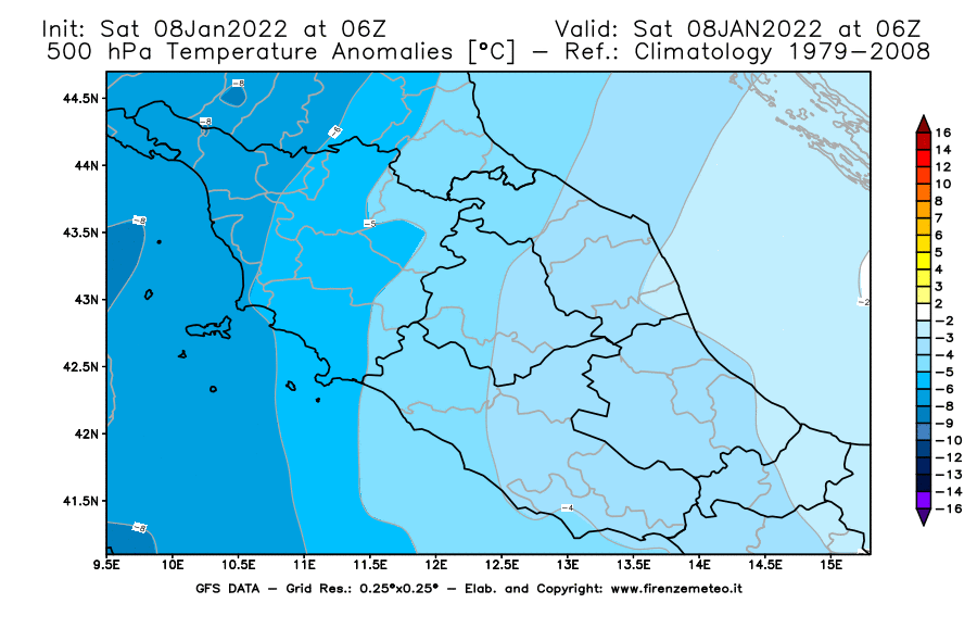 Mappa di analisi GFS - Anomalia Temperatura [°C] a 500 hPa in Centro-Italia
							del 08/01/2022 06 <!--googleoff: index-->UTC<!--googleon: index-->