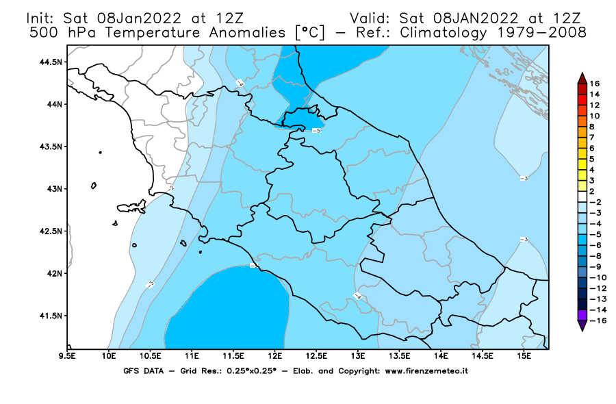 Mappa di analisi GFS - Anomalia Temperatura [°C] a 500 hPa in Centro-Italia
							del 08/01/2022 12 <!--googleoff: index-->UTC<!--googleon: index-->