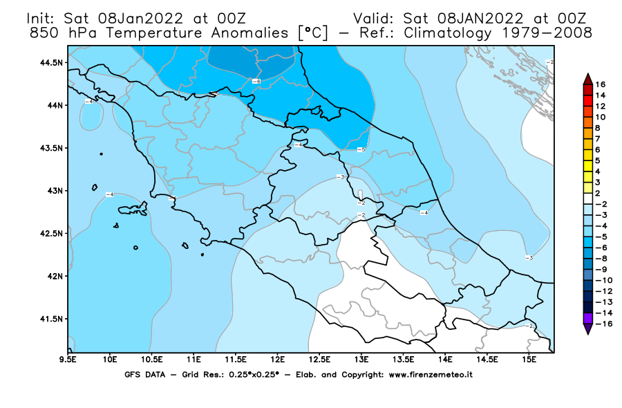 Mappa di analisi GFS - Anomalia Temperatura [°C] a 850 hPa in Centro-Italia
							del 08/01/2022 00 <!--googleoff: index-->UTC<!--googleon: index-->