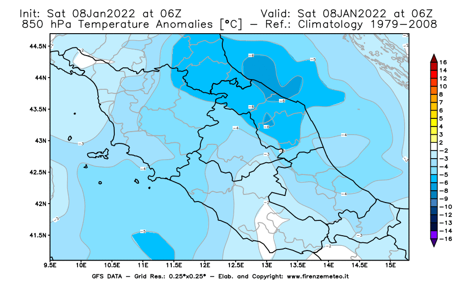 Mappa di analisi GFS - Anomalia Temperatura [°C] a 850 hPa in Centro-Italia
							del 08/01/2022 06 <!--googleoff: index-->UTC<!--googleon: index-->