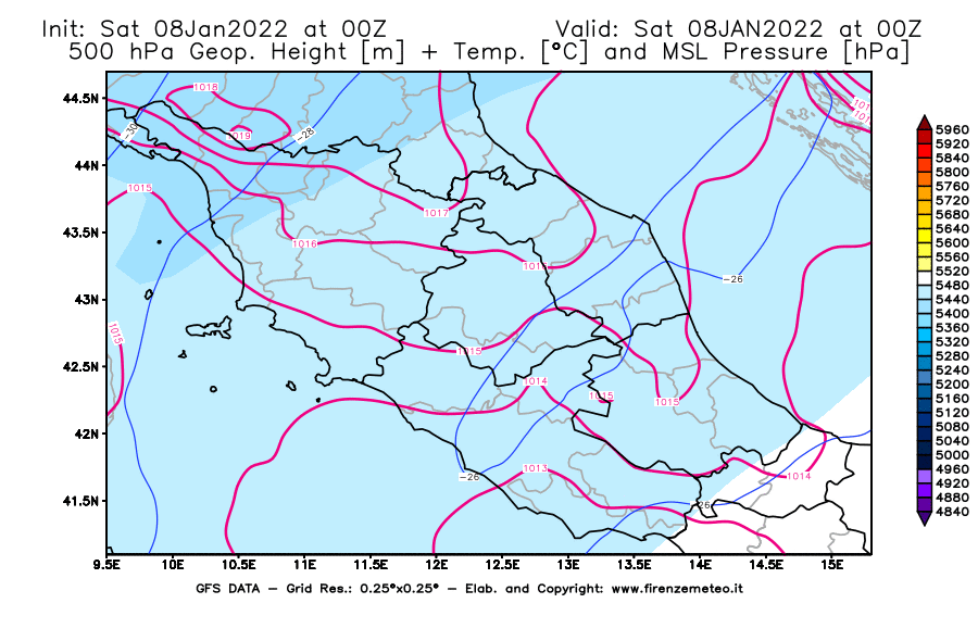 Mappa di analisi GFS - Geopotenziale [m] + Temp. [°C] a 500 hPa + Press. a livello del mare [hPa] in Centro-Italia
							del 08/01/2022 00 <!--googleoff: index-->UTC<!--googleon: index-->