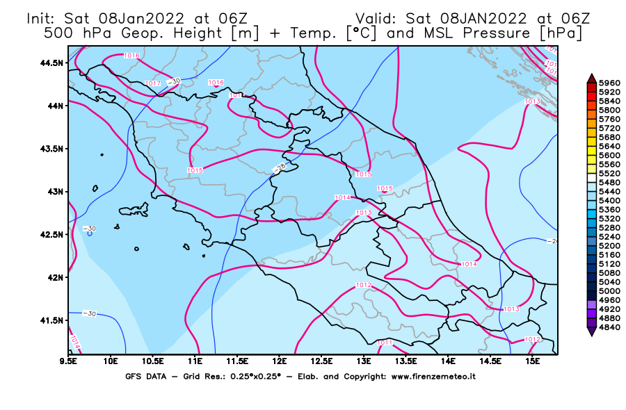 Mappa di analisi GFS - Geopotenziale [m] + Temp. [°C] a 500 hPa + Press. a livello del mare [hPa] in Centro-Italia
							del 08/01/2022 06 <!--googleoff: index-->UTC<!--googleon: index-->