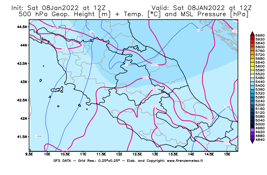 Mappa di analisi GFS - Geopotenziale [m] + Temp. [°C] a 500 hPa + Press. a livello del mare [hPa] in Centro-Italia
							del 08/01/2022 12 <!--googleoff: index-->UTC<!--googleon: index-->