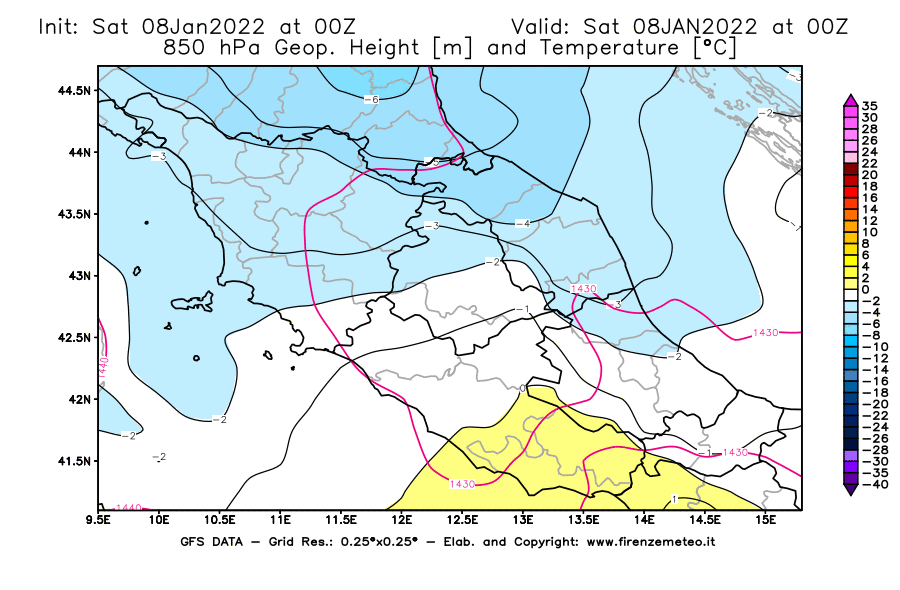 Mappa di analisi GFS - Geopotenziale [m] e Temperatura [°C] a 850 hPa in Centro-Italia
							del 08/01/2022 00 <!--googleoff: index-->UTC<!--googleon: index-->