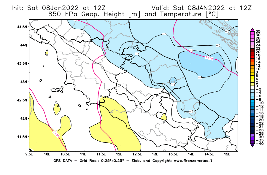 Mappa di analisi GFS - Geopotenziale [m] e Temperatura [°C] a 850 hPa in Centro-Italia
							del 08/01/2022 12 <!--googleoff: index-->UTC<!--googleon: index-->