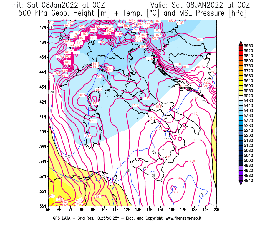 Mappa di analisi GFS - Geopotenziale [m] + Temp. [°C] a 500 hPa + Press. a livello del mare [hPa] in Italia
							del 08/01/2022 00 <!--googleoff: index-->UTC<!--googleon: index-->