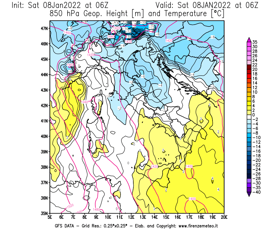 Mappa di analisi GFS - Geopotenziale [m] e Temperatura [°C] a 850 hPa in Italia
							del 08/01/2022 06 <!--googleoff: index-->UTC<!--googleon: index-->