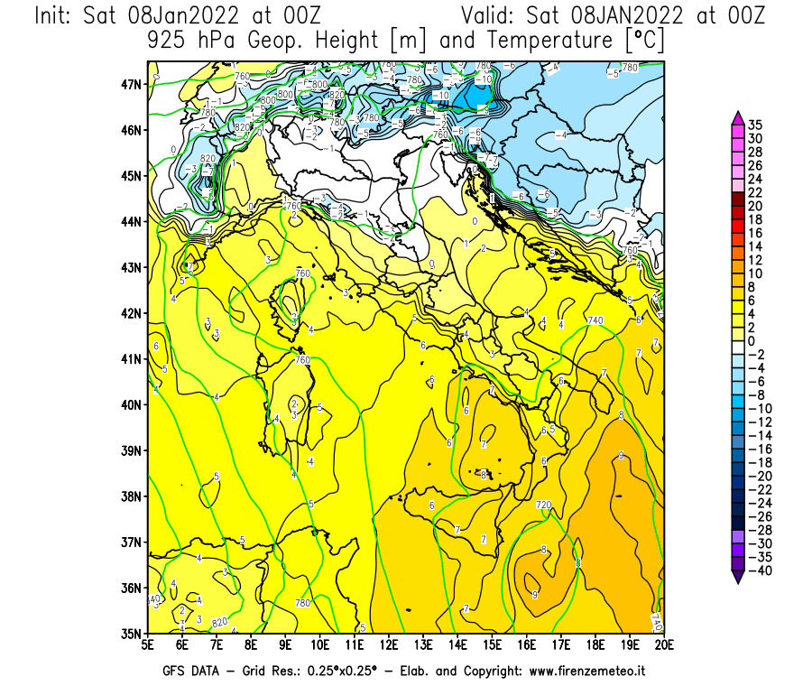 Mappa di analisi GFS - Geopotenziale [m] e Temperatura [°C] a 925 hPa in Italia
							del 08/01/2022 00 <!--googleoff: index-->UTC<!--googleon: index-->