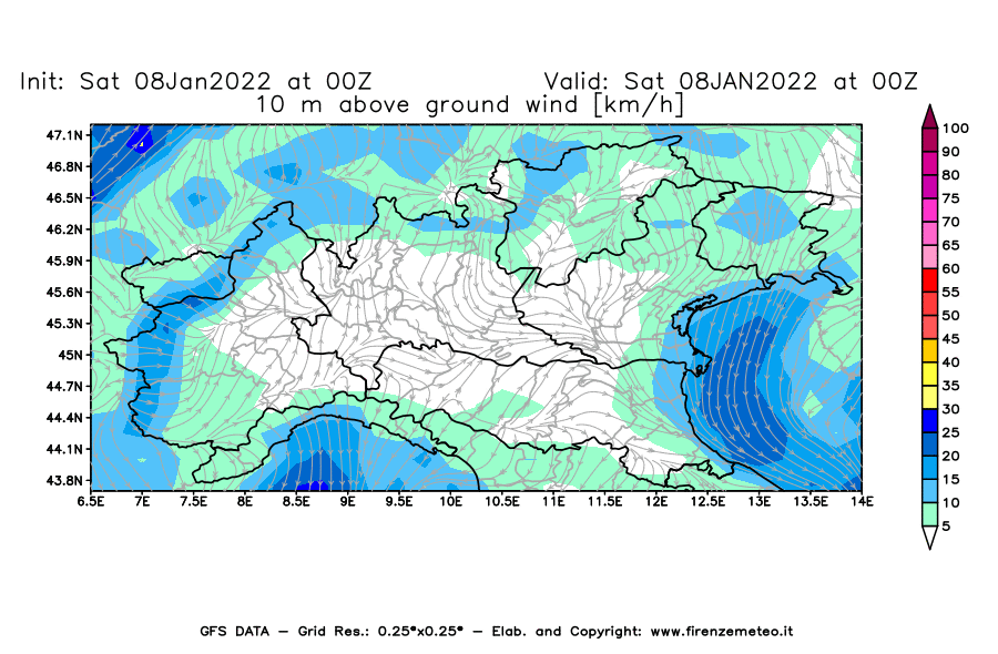 Mappa di analisi GFS - Velocità del vento a 10 metri dal suolo [km/h] in Nord-Italia
							del 08/01/2022 00 <!--googleoff: index-->UTC<!--googleon: index-->