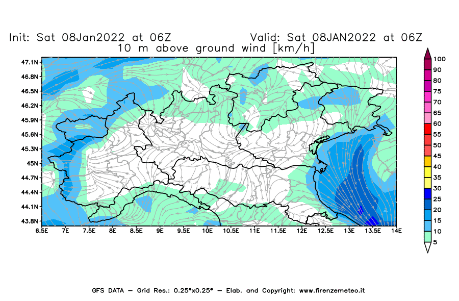 Mappa di analisi GFS - Velocità del vento a 10 metri dal suolo [km/h] in Nord-Italia
							del 08/01/2022 06 <!--googleoff: index-->UTC<!--googleon: index-->