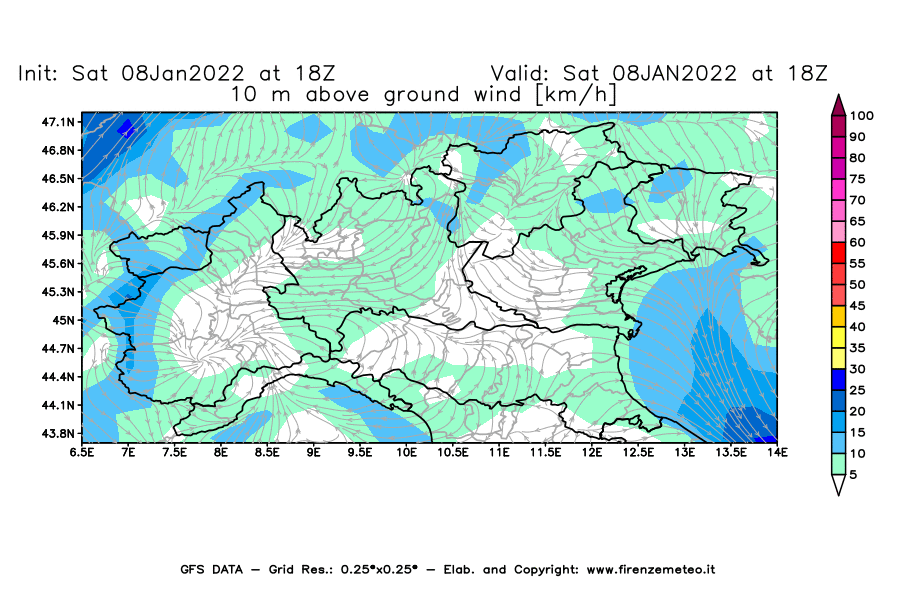 Mappa di analisi GFS - Velocità del vento a 10 metri dal suolo [km/h] in Nord-Italia
							del 08/01/2022 18 <!--googleoff: index-->UTC<!--googleon: index-->