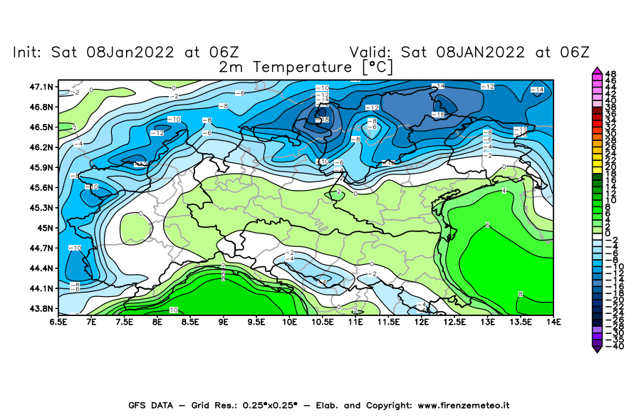 Mappa di analisi GFS - Temperatura a 2 metri dal suolo [°C] in Nord-Italia
							del 08/01/2022 06 <!--googleoff: index-->UTC<!--googleon: index-->